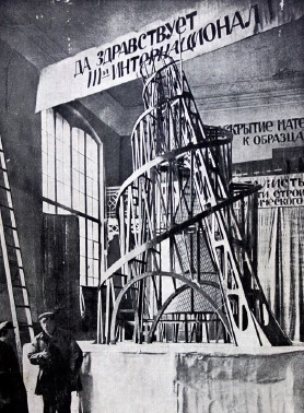 <p>A dynamic sculpture designed by Tatlin in 1919, symbolizing the communist revolution and promoting Russia as the center of communism, featuring spirals, cones, and reticular beams, and involving collaboration between artists and workers.</p>