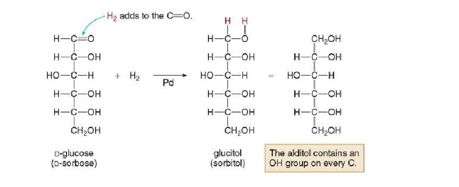 <ul><li><p>requires H₂/Pd</p></li><li><p>carbonyl group of an aldose is reduced to a primary alcohol</p></li><li><p>produces a sugar alcohol- alditols</p></li><li><p>-ose to -itol</p></li></ul>