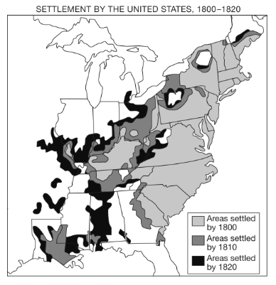 <p>Which of the following most likely accounts for the limits of United States settlement in portions of North Carolina and Georgia depicted on the map?</p>