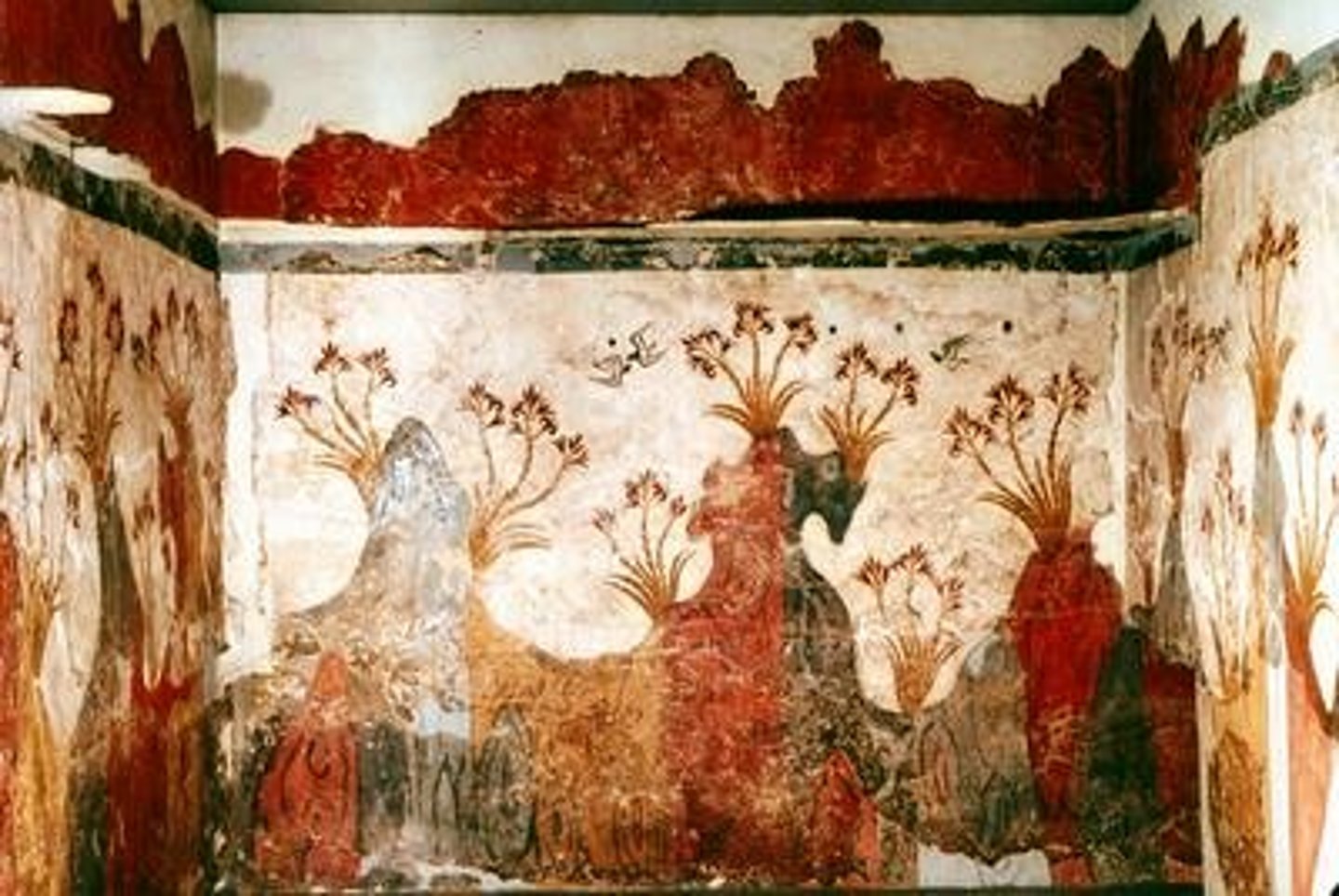 <p>- Brightly colored frescoes painted on plastered walls of Minoan palaces and elite homes</p><p>- Subjects include nature scenes (flowers, dolphins, monkeys), bull-leaping, and processions</p><p>- Painted in a lively, dynamic style with a strong sense of movement</p><p>- Provide crucial evidence for Minoan religion, ritual, and social life</p><p>- The 'Bull-Leaping Fresco' from Knossos is among the most famous example</p>