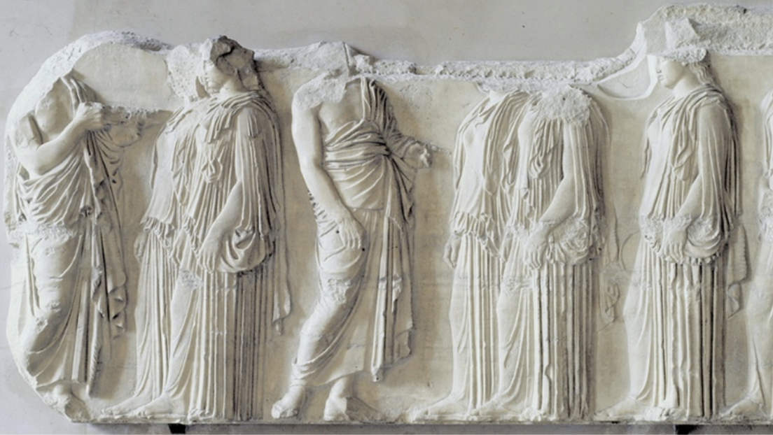 <p><span>What visual feature of the procession creates the impression of slow and steady movement?</span></p><ul><li><p><span>A rhythmic spacing of figures and alternating forward and backward motion</span></p></li><li><p><span>The placement of gods among the participants</span></p></li><li><p><span>The presence of mostly female figures&nbsp;</span></p></li><li><p><span>The realistic portrayal of individual Athenians</span></p></li></ul><p></p>