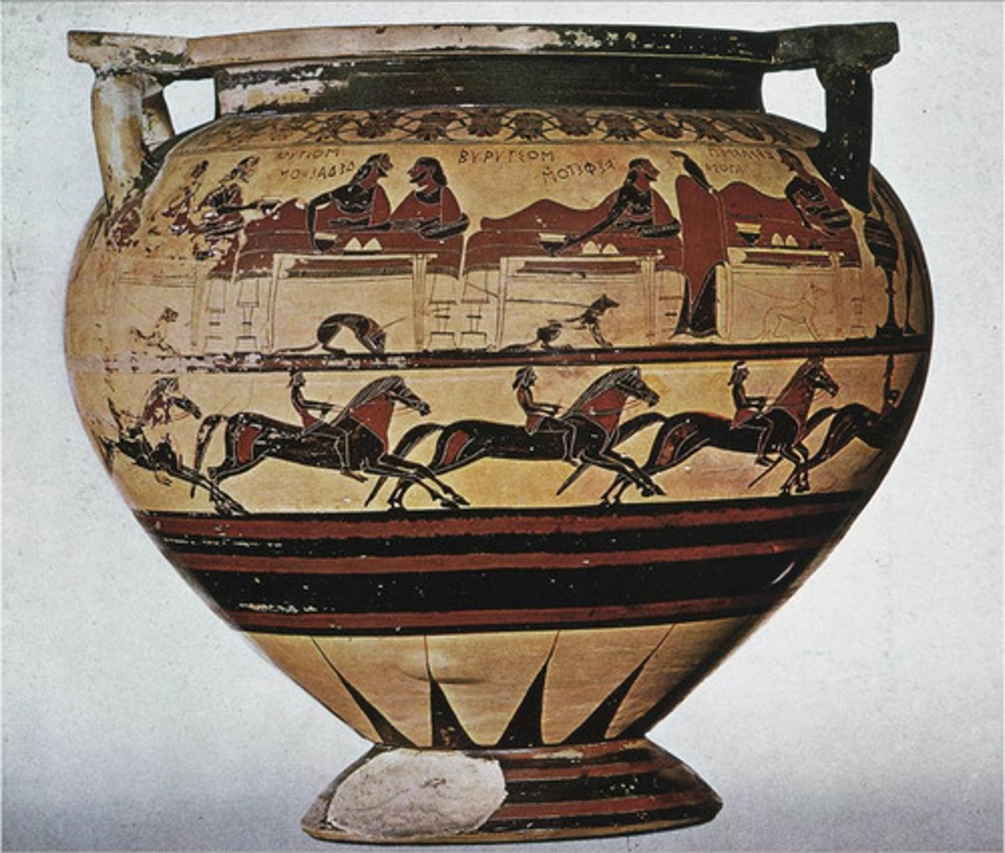 <p>Who The Corinthian column krater, also known as the "Eurytios Krater," was created by the Macmillan Painter1, an artist from the ancient Greek city-state of Corinth.</p><p>What The Eurytios Krater is a Corinthian black-figure column-krater made around 600 BC2. The main panel represents Heracles and Eurytios at a symposium with Iole; all characters are named in Corinthian script2.</p><p>Where The Eurytios Krater was found at Cerveteri and is now on display in the Louvre3.</p><p>When The Eurytios Krater dates back to around 600 BC2.</p><p>Why The Eurytios Krater is interesting and important for several reasons:</p><p>Artistic Significance: The vase combined the possibilities of the recently invented or introduced styles of black-figure vase painting and polychrome painting in terms of shape and decoration of the vase with a particularly high quality of artisanship3.</p><p>Cultural Significance: The front of the krater depicts Eurytus (Eurytos) feasting Herakles. This scene, after which the vase was named, is unique in Corinthian vase painting3.</p><p>Historical Significance: In addition to the painting itself, several of the figures are named by accompanying inscriptions. The back is decorated with a battle scene, possibly from the Trojan War. Below the handles are a kitchen scene and the probably earliest depiction of the suicide of Ajax3.</p><p>Overall, the Eurytios Krater provides a wealth of information about ancient Greek art, society, and history. It serves as a testament to the cultural and historical richness of ancient Greece.</p>