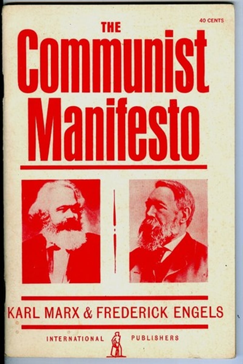 <p>A socialist manifesto written by Karl Marx and Friedrich Engels (1848) describing the history of the working-class movement according to their views; urges an uprising by workers to seize control of the factors of production from the upper and middle classes.</p>