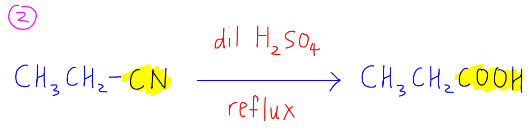 <ul><li><p>Nucleophilic substitution</p></li><li><p>Dilute HCl or H2SO4 solution</p></li><li><p>Heat</p></li><li><p>Product: Carboxylic Acid</p></li></ul>