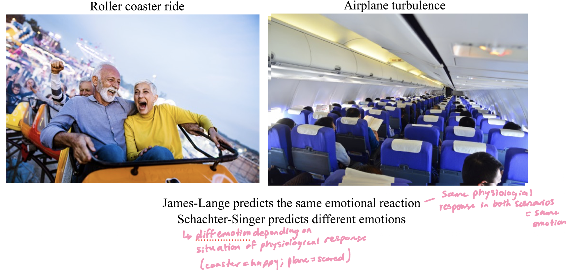 <ul><li><p>two factor theory: cognitive processing of physiological response (categorize to emotion: happy, sad based on response)</p><ul><li><p>physiological arousal contributes to emotion's intensity, while identity of emotion is based on cognitive appraisal</p></li></ul></li></ul><p></p>