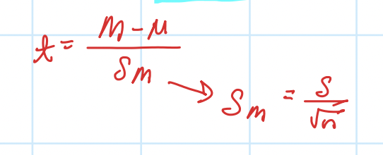 <p>sample mean vs. pop. mean</p><ul><li><p>top = diff between <em>M</em> and hypothesized <span>μ (SIGNALl)</span></p></li><li><p>bottom = estimated standard error (NOSIE) → more variability </p></li><li><p>df = n -1 </p></li></ul><p></p>