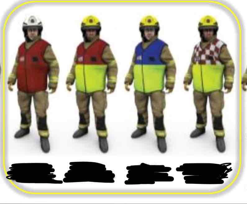 <p>Identify the roles of the firefighter by their tabards. </p>