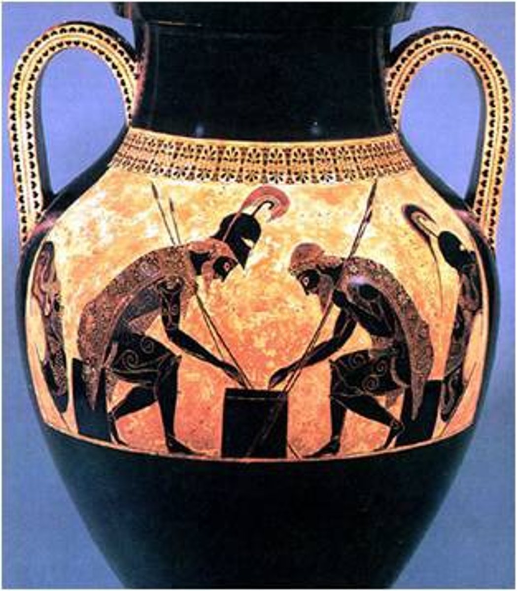 <p>Amphora from the Archaic period (ca. 540-530 BCE) that is black-figure and captures a narrative frozen at a moment of tension, showcasing emotional depth.</p>