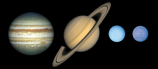 <p>Jupiter, Saturn, Uranus, and Neptune; made up of gases and liquid.</p>