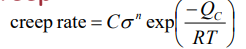 <p>sigma = stress</p><p>R = gas constant</p><p>Q<span data-name="copyright" data-type="emoji">©</span> = activation energy for creep</p><p>T = temperature</p>