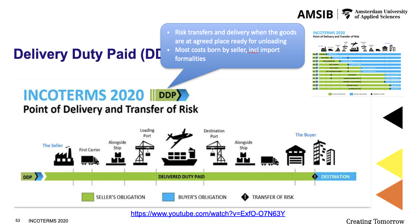 <p>The&nbsp;<strong>seller bears all costs and risks</strong>&nbsp;until goods are delivered to the agreed destination.</p><p><mark data-color="blue" style="background-color: blue; color: inherit">The&nbsp;</mark><strong><mark data-color="blue" style="background-color: blue; color: inherit">seller is responsible</mark></strong><mark data-color="blue" style="background-color: blue; color: inherit">&nbsp;for&nbsp;</mark><strong><mark data-color="blue" style="background-color: blue; color: inherit">import customs clearance</mark></strong><mark data-color="blue" style="background-color: blue; color: inherit">, including duties, taxes, and any necessary&nbsp;</mark><strong><mark data-color="blue" style="background-color: blue; color: inherit">licenses or permits</mark></strong><mark data-color="blue" style="background-color: blue; color: inherit">.</mark></p><p></p><p><strong>Responsibility:</strong></p><p><strong><u>Seller (USA):</u></strong></p><p>Handles&nbsp;<strong>everything</strong>: export clearance, main carriage, import duties, and delivery to the buyer’s location in France.</p><p><strong>Buyer (France):</strong></p><p>Only receives the goods at the agreed destination.</p>