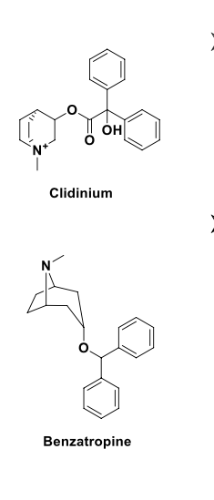 <ul><li><p>combo of chlordiazepoxide and clidinium used along with other meds to treat <strong>peptic ulcers, irritable bowel syndrome</strong> (IBS = condition that causes stomach pain, bloating, constipation and diarrhea) and <strong>entercolitis</strong> (swelling in the intestines); approved in 2021 (<strong>oral</strong>) (<strong>methylscopolamine is also used for the treatment of peptic ulcer as oral drug</strong>)</p></li><li><p>works by <strong>reducing</strong> muscle spasms in the GI tract and <strong>decreasing</strong> production of stomach acid </p></li><li><p>benzatropine = oral drug to treat symptoms of <strong>parkinsons</strong></p><ul><li><p>selective M1 msucarinic acetylcholine receptor antagonist</p></li></ul></li></ul><p></p>