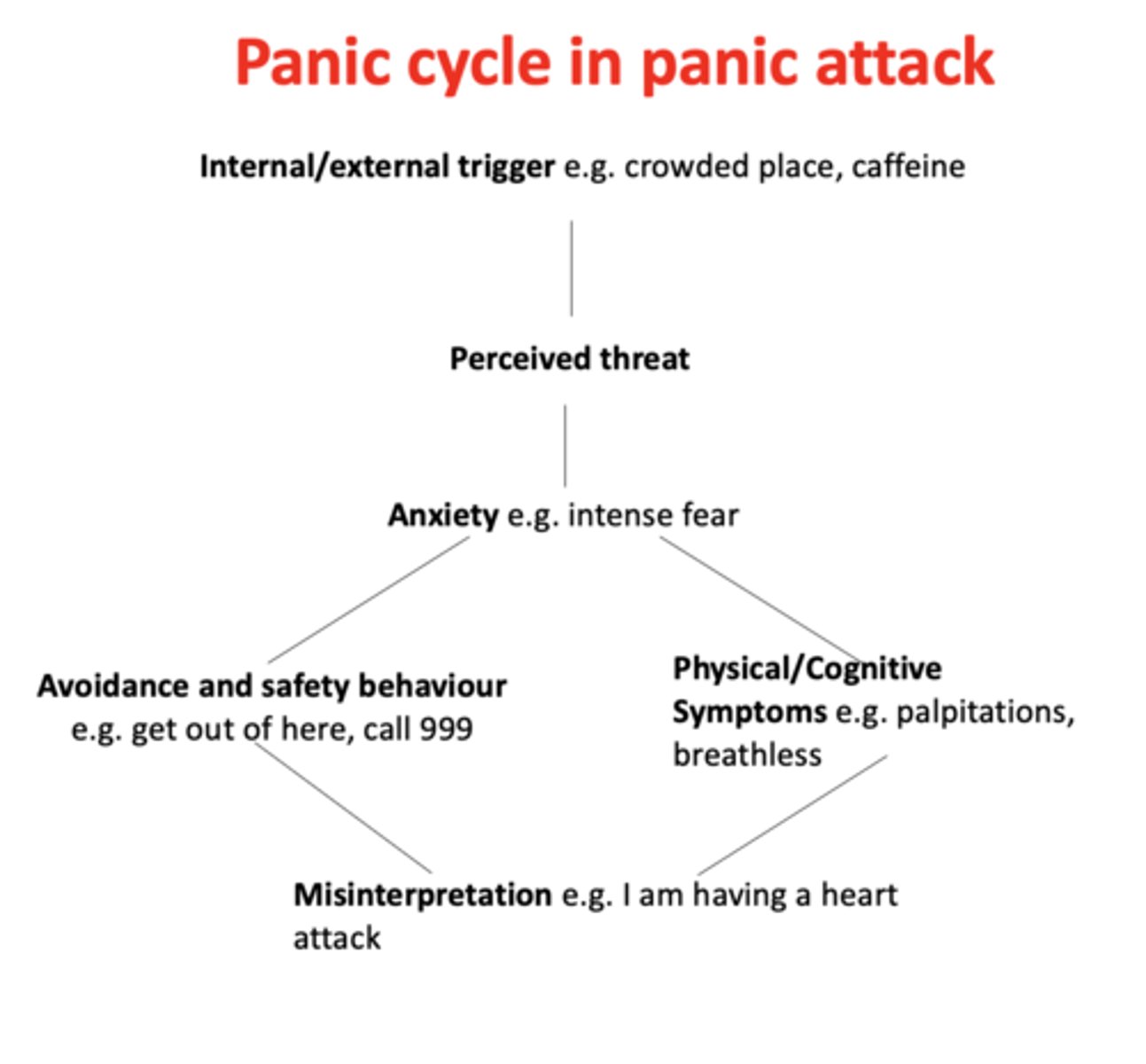 <p>1. Internal/external trigger (eg. crowded place) leads to a perceived threat, which causes anxiety (intense fear).</p><p>2. Leads to either avoidance/safety behaviour or </p><p>3. physical/cognitive symptoms (palpitations + breathlessness).</p><p>4. This causes a misinterpretation (i'm having a heart attack). </p>