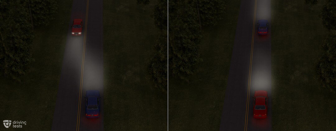 <p>In Ontario, when driving at night, you must dim your headlights:</p>
