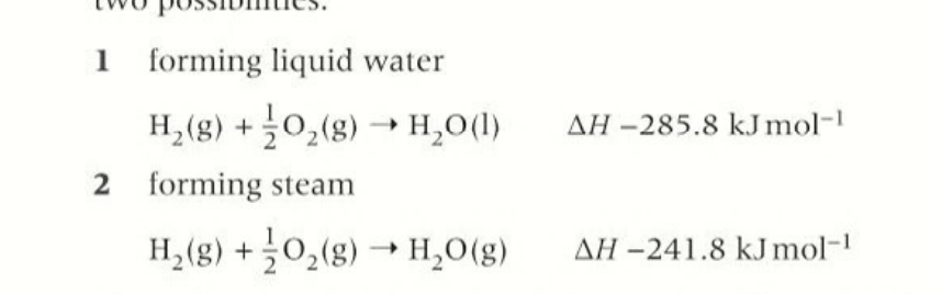 <ul><li><p>the enthalpy change caries based on the physical states </p></li></ul><p></p>