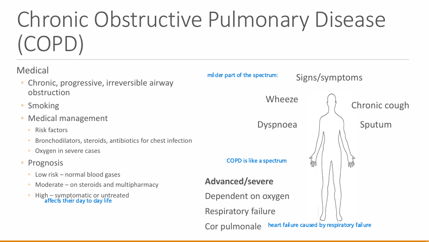 <ul><li><p><strong><u>Low</u></strong> risk - Normal blood gases</p></li><li><p><strong><u>Moderate</u></strong> - on steroids and multi-pharmacy</p></li><li><p><strong><u>High</u></strong> - symptomatic or untreated - (affects their day to day life)</p></li></ul><p></p>