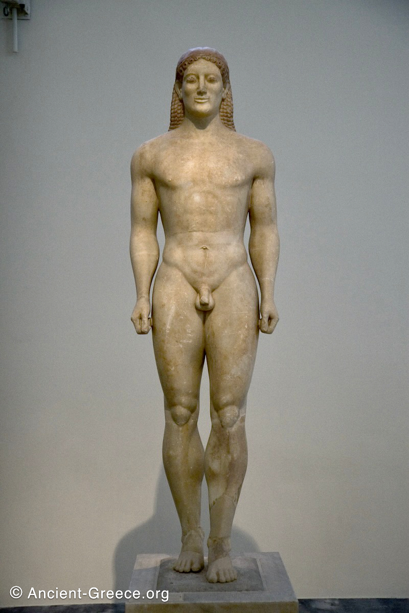 <p>Anavysos Kouros </p><ul><li><p>Archaic Greek </p></li><li><p>c. 530 BCE </p></li><li><p>marble with remnants of paint</p></li></ul><p></p>