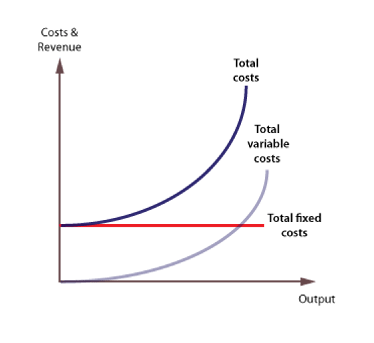 <p>Given that total fixed costs (TFC) are constant as output increases, the curve is a horizontal line on the cost graph.</p><p>The total variable cost (TVC) curve slopes up at an accelerating rate, reflecting the law of diminishing marginal returns.</p><p>The total cost (TC) curve is found by adding total fixed and total variable costs. Its position reflects the amount of fixed costs, and its gradient reflects variable costs.</p>