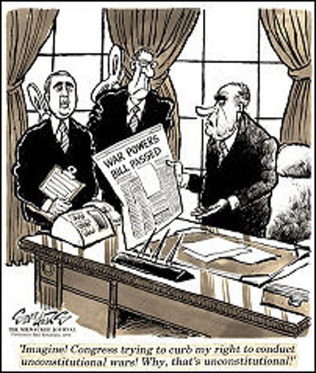 <p>a law passed over President Nixon's veto that restricts the power of the president to maintain troops in combat for more than sixty days without congressional authorization</p>