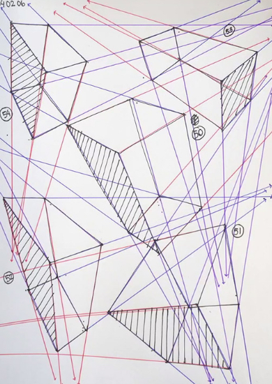 <ul><li><p>Place your pen at this center point and extend lines back along each arm, moving away from you</p><p>· This guarantees you're extending in the right direction</p></li><li><p>Draw through the form </p></li></ul><p></p>