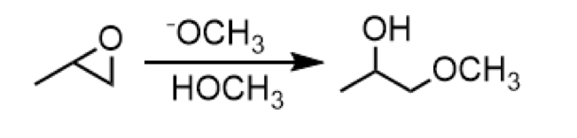 <ul><li><p>reagents: <sup>-</sup>OCH<sub>3</sub> (above) and HOCH<sub>3</sub> (below)</p></li><li><p>opening of epoxide to form a 2<sup>o</sup> alcohol with an ether </p></li></ul><p></p>