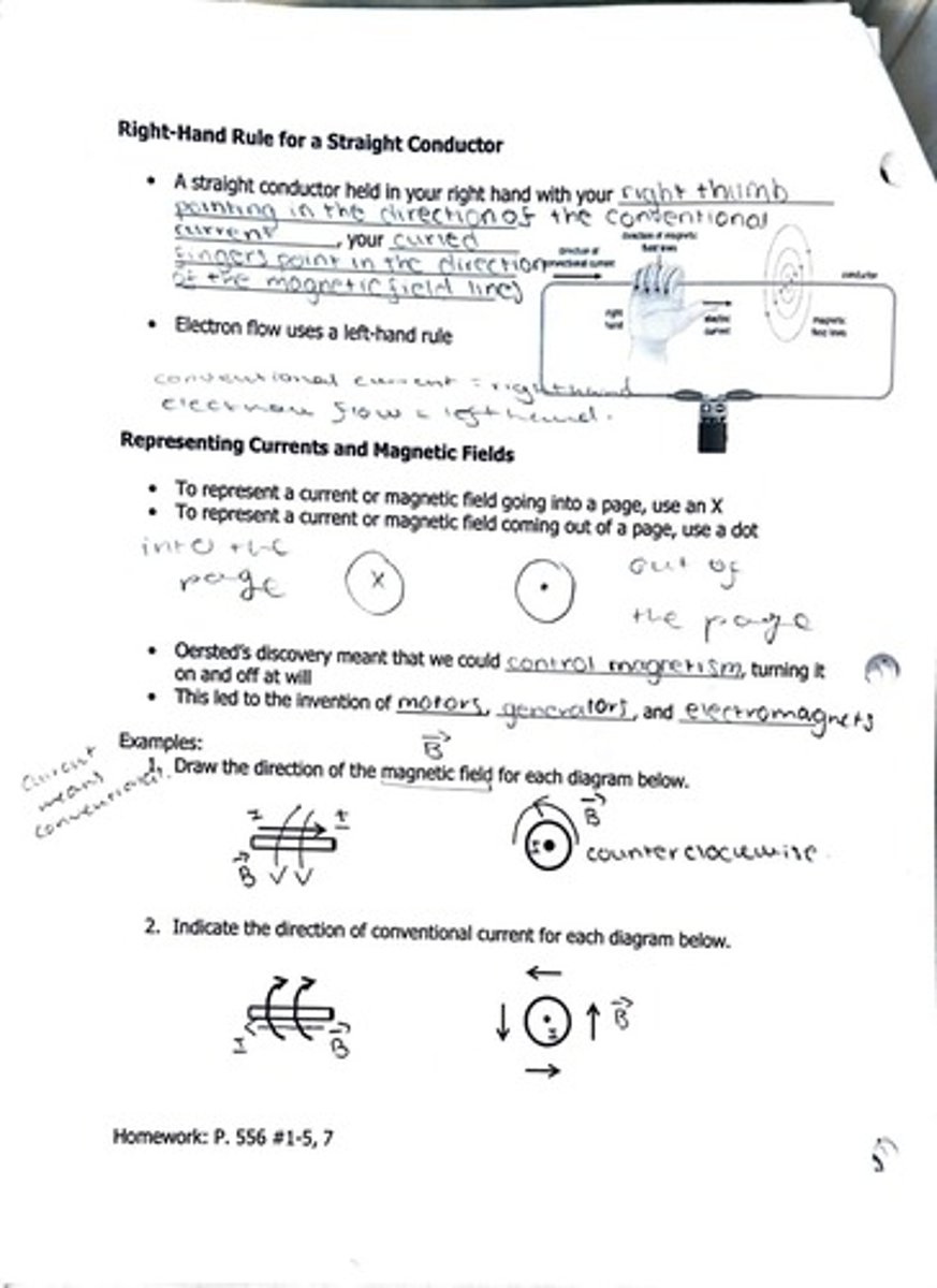 <p>Current creates circular magnetic fields around conductors.</p>