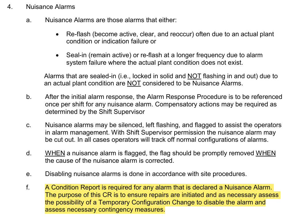<p>B-ADM-OPS-002 Alarm Response and Status Control</p><p>Nuisance Alarms</p>