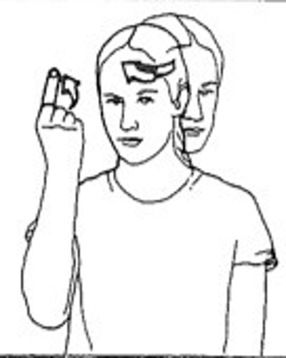 <p>1 handshape pops up at temple and shaking head.</p>