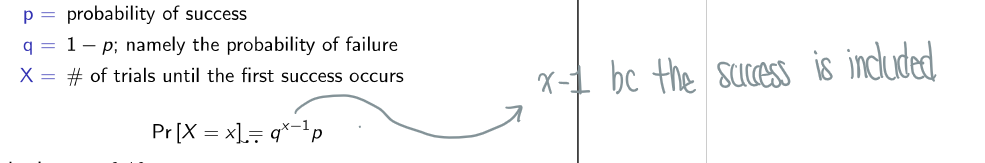 <p>How many trials will it take until we get our first success?</p><p>p = probability of success</p><p>q = 1 - p (probability of failure)</p><p>x = # of trials until first success occurs</p>