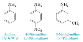 <ul><li><p>retain the common name aniline for C6H5NH2 (the simplest aromatic aniline</p></li><li><p>name simple derivatives of aniline by using numbers to locate substituents of use the prefixes ortho, meta, para</p></li></ul><p></p><p></p><p></p>