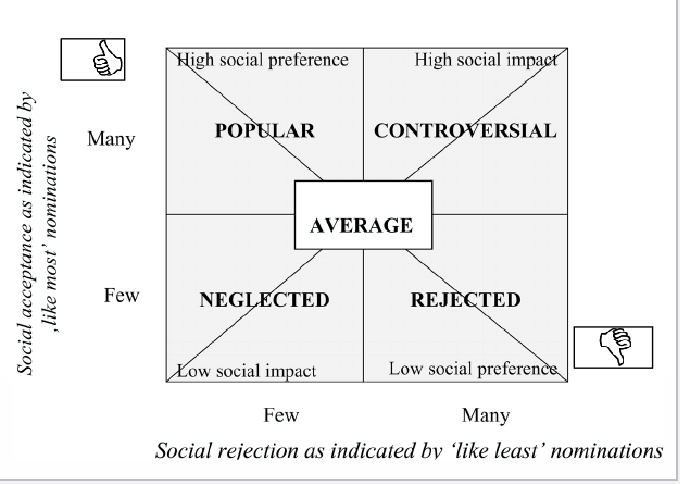 <p>1) <strong>Continuous outcome measure</strong>:</p><ul><li><p>Social preference score = acceptance minus rejection</p><ul><li><p>difference between the amount of times they were accepted minus the amount of times they were rejected → see who is most accepted and most popular. </p></li></ul></li></ul><p>2) <strong>Categorical outcome measure</strong>:</p><p>• Popular (high pos/low neg) 11%</p><p>• Rejected (low pos/high neg) 13%</p><p>• Neglected (low pos/low neg) 9%</p><p>• Controversial (high pos/high neg)7%</p><p>• Average (medium on both) 60%</p>