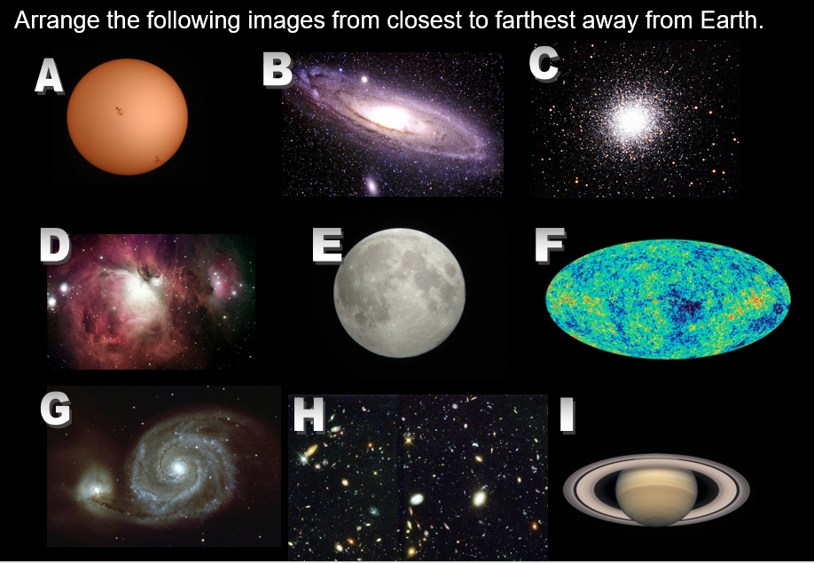 <p>Arrange the following objects in order according to distance from the Earth.</p><p>(Near to Far)</p>