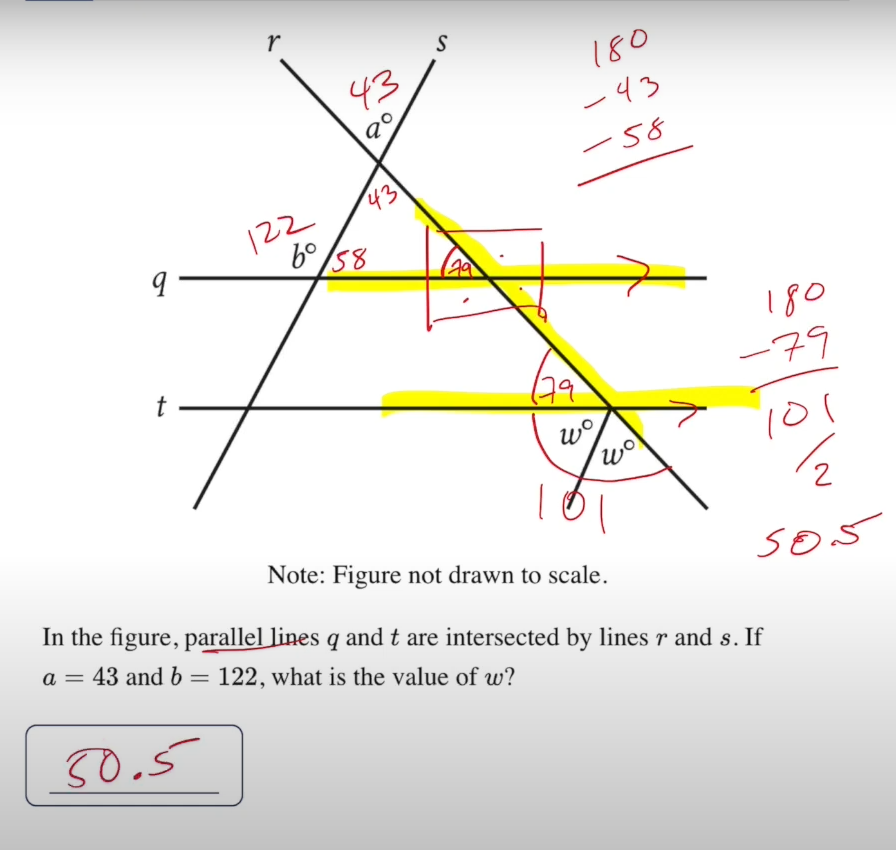 <p>I got it wrong because 1. i didn’t know how to solve it efficiently I didn’t realize about the corresponding angles (angles on the same transversal that cuts through two parallel lines)<br><br>2. i didn’t know how to solve for W the correct way. once you realize its corresponding angles  you also realize the two w’s equal to 180 because they fill up the rest of the line then you divide the answer by 2w because there’s two w’s.</p>