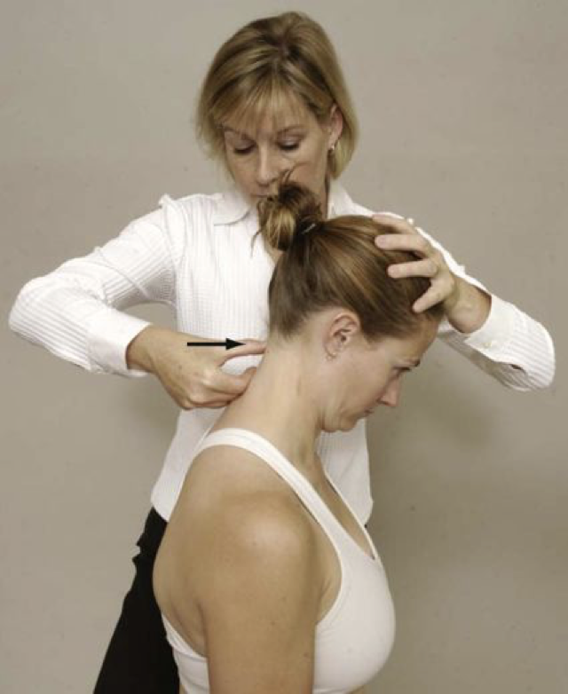 <p>-Assessment for atlantoaxial instability</p><p>-Procedure: place one hand over the patient’s forehead while the thumb of the other hand is placed over the spinous process of the axis to stabilize it , Patient slowly flexes the head while doing this examiner presses backward on the forehead with the palm </p><p>-Positive test is indicated if the examiner feels the head slide backward during the movement </p>