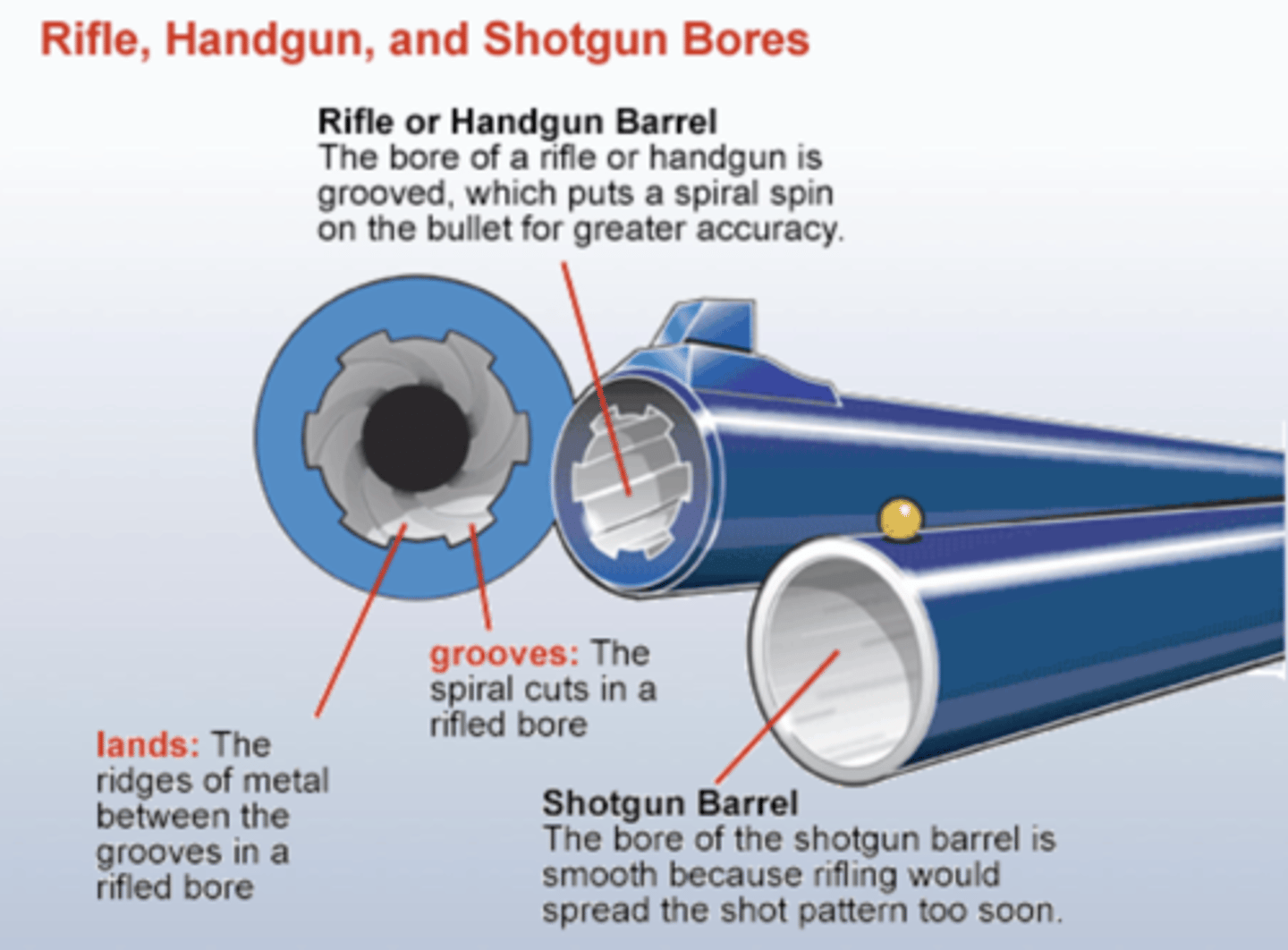 <p>-Grip the bullet in a spiral to give it a straight trajectory</p><p>-Lands = raised, grooves = cuts </p><p>-Impart markings on the bullet as it travels down the barrel of the gun</p><p>-Only on rifles and handguns</p>