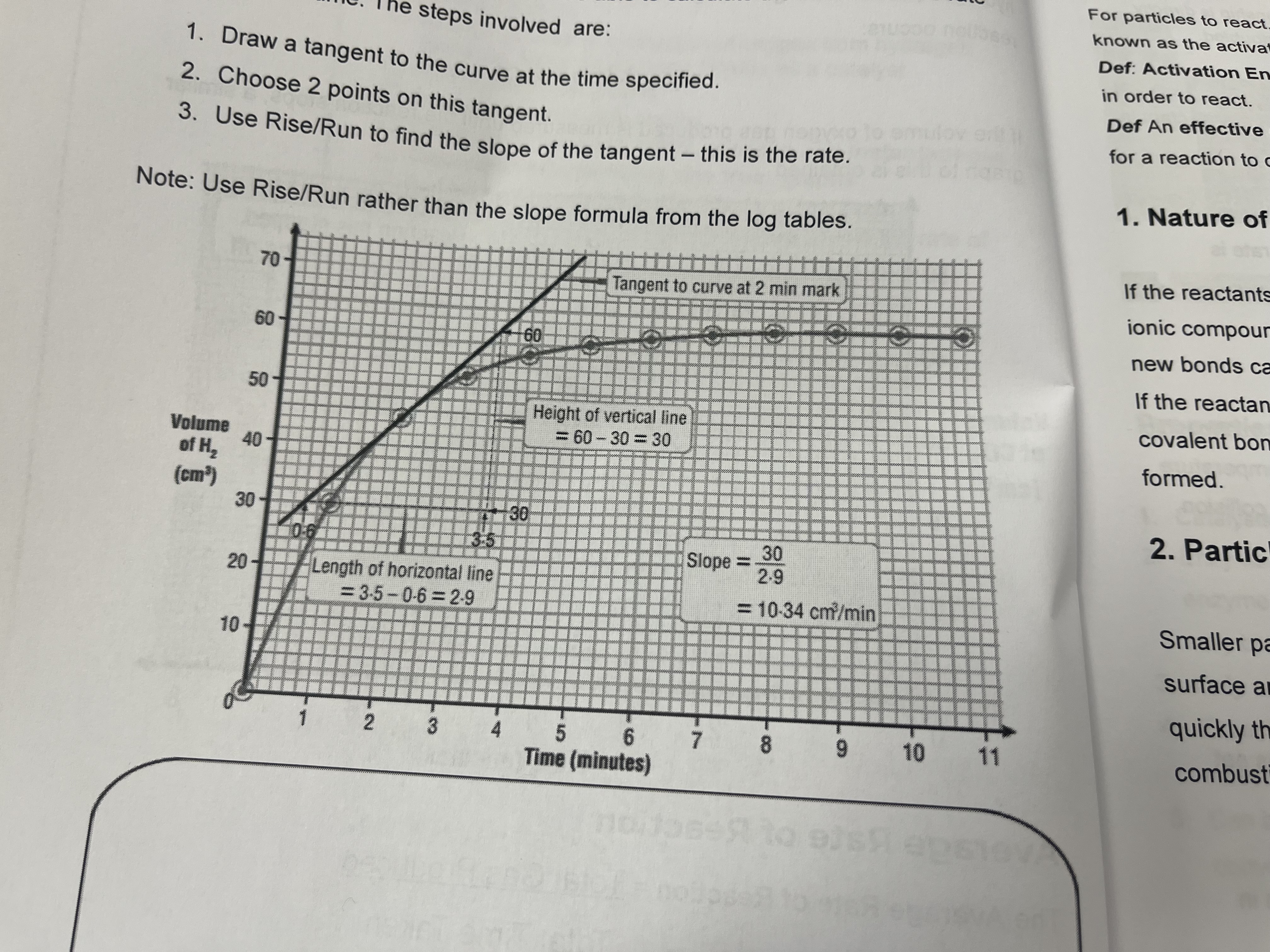 <ol><li><p>Draw a tangent to a curve at the time specified </p></li><li><p>Choose 2 points on this tangent </p></li><li><p>Use rise over run to find the slope of the tangent. This is the rate.</p></li></ol><p></p>
