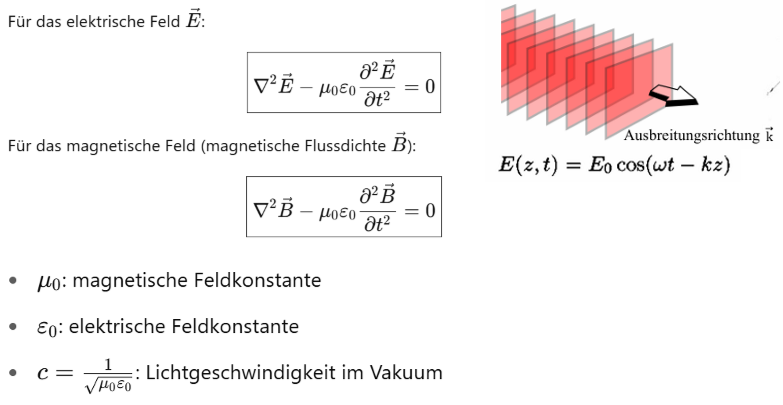 <p>Wellengleichung beschreibt die Ausbreitung eines eitlich veränderlichen elektrischen Feldes(r,t) im Vakumm mit der Lichtgeschw. c</p>