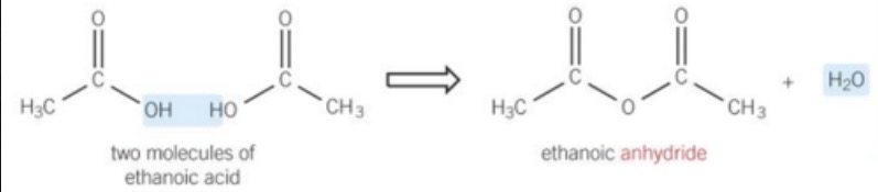 <p>dehydration of acid molecules (-H20) -&gt; acid anhydride and water</p>
