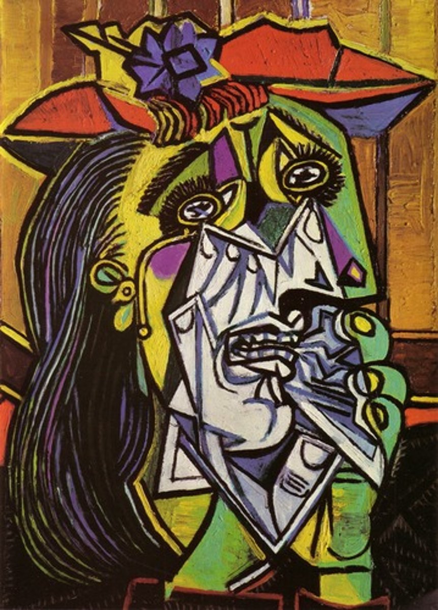 <p>Traditional subject matter portrayed by overlapping geometric forms (reduced to cubes); fragmentation of form; influenced by African tribal arts: masks and sculpture; move toward abstract art (exploration of space and color; multiple images of one subject on a two-dimensional surface). Picasso; Braque; development of collages; "found" sculpture.</p>