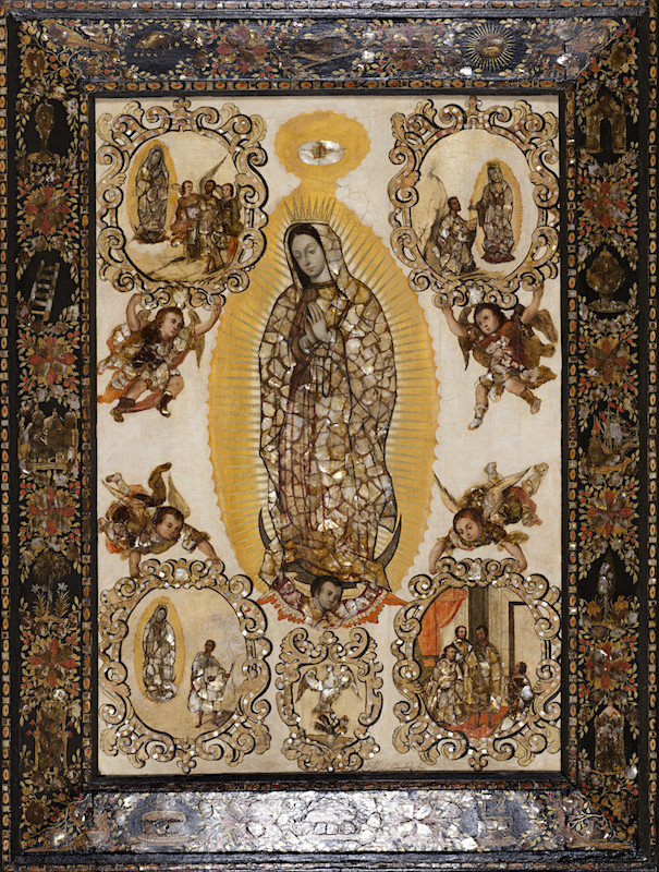 <ul><li><p><u><strong>Form</strong></u></p><ul><li><p>The Virgin Mary is surrounded by four roundels that tell the story of the Virgin of Guadalupe.</p></li><li><p>In the roundels there are depictions of her appearance to Juan Diego, and the moment the Virgin’s image is revealed on his tunic.</p></li></ul></li><li><p><u><strong>Materials</strong></u></p><ul><li><p>Brocade on Virgin’s robes made of enconchados.</p></li><li><p>Enconchado paintings often include ornate frames inspired by Japanese Nanban lacquer work.</p></li><li><p>Enconchado paintings have a luminous and vibrant color patterning that enhance the other-worldly effect that this object represents.</p></li></ul></li><li><p><u><strong>Context</strong></u></p><ul><li><p>The painting describes an event in which Mary appeared to Native Americans on a hill called Tepeyac, a shrine sacred to a pre-Columbian goddess.</p></li><li><p>In 1531 Mary ordered a Native American convert, Juan Diego, to tell the local archbishop to build a sanctuary on this site; Mary addressed Juan Diego in Nuhuatl, his native tongue.</p></li><li><p>Mary made the hilltop flower, and Juan Diego brought the flowers to the archbishop; Juan Diego’s cloth revealed the Virgin’s image.</p></li><li><p>The Virgin of Guadalupe is the most revered symbol in Mexico and the patroness of New Spain.</p></li><li><p>In Guadalupe images, Mary always stands on a crescent moon surrounded by sunrays with clouds behind her.</p></li><li><p>An eagle perched on a cactus at bottom center is a symbol of Mexico today.</p></li><li><p>Cf. Revelations 12:1: “A great sign appeared in heaven: a woman clothed with the sun, with the moon under her feet and a crown of twelve stars on her head.”</p></li><li><p>Image was in demand: many made for export around New Spain.</p></li></ul></li></ul>