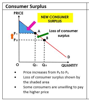 <p><span style="font-family: Calibri, sans-serif">Consumer Surplus: the price that consumers are willing and able to pay on a good or service vs what they actually pay</span><span style="font-family: DengXian">↑</span><span style="font-family: Calibri, sans-serif">consumer surplus= </span><span style="font-family: DengXian">↓</span><span style="font-family: Calibri, sans-serif">market price (vice versa)</span></p>