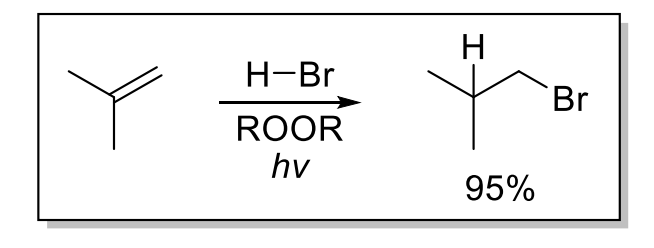 <ul><li><p>Only occurs with ROOR (peroxide), HBr, and hv (radical)</p></li><li><p>HCl and HI do not undergo rxn because racial reactions of HCl and HI are not spontaneous</p></li></ul><p></p>