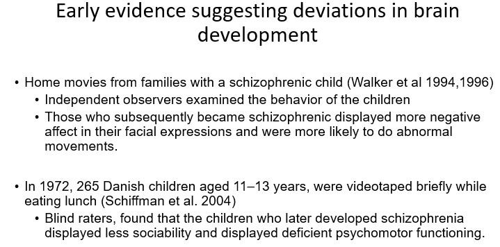 <ul><li><p><span>Events in early life (prenatally) cause deviations from normal neurodevelopment and these lie dormant until the brain matures sufficiently to call into operation the affected systems (Murray &amp; Lewis, 1987)</span></p></li><li><p><span>Early events such as infections, obstetric complications, nutritional deficiencies etc. provide evidence in support of this theory</span></p></li></ul>