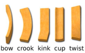 <p>bow, warping, cup, crook, twist, kink</p>