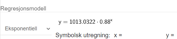 b) se på modellen at når x =0 så er y=1013 altså luftrykk ved havoverflate 1013 hPa