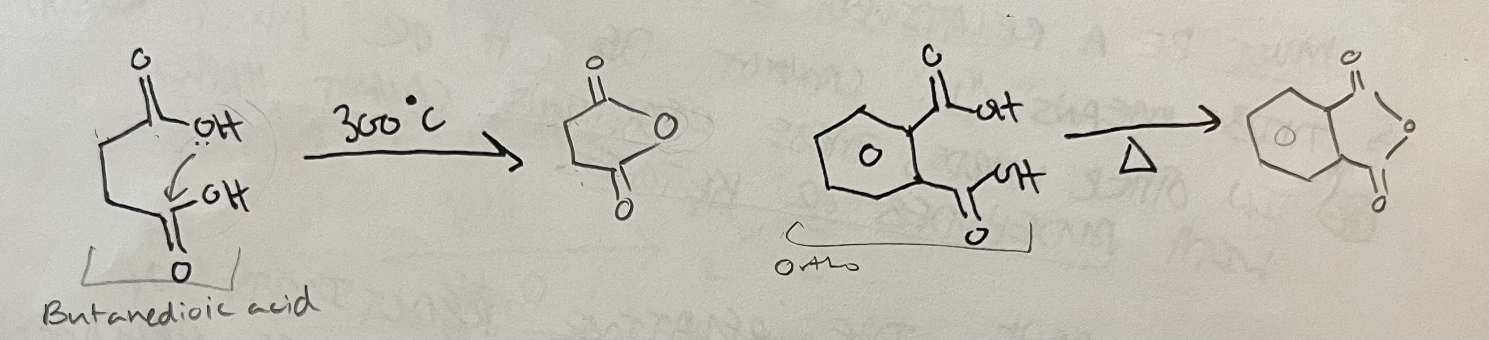 <p>True; heat up a dicarboxylic acid and minus H2O to make the bonds connect by an Oxy</p>