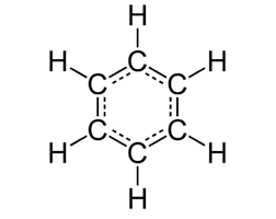 <p>-cyclic, planar to achieve maximum overlap</p><p>-C6H6</p><p>-C bonded to 2 other Cs and one H by sigma bonds, leaving a lone e- in p-orbital (sits above and below planar ring)</p><p>-p-orbitals overlap sideways to form pi system</p><p>-delocalised e- ring</p><p>-high e- density above and below ring</p><p>-very stable</p>
