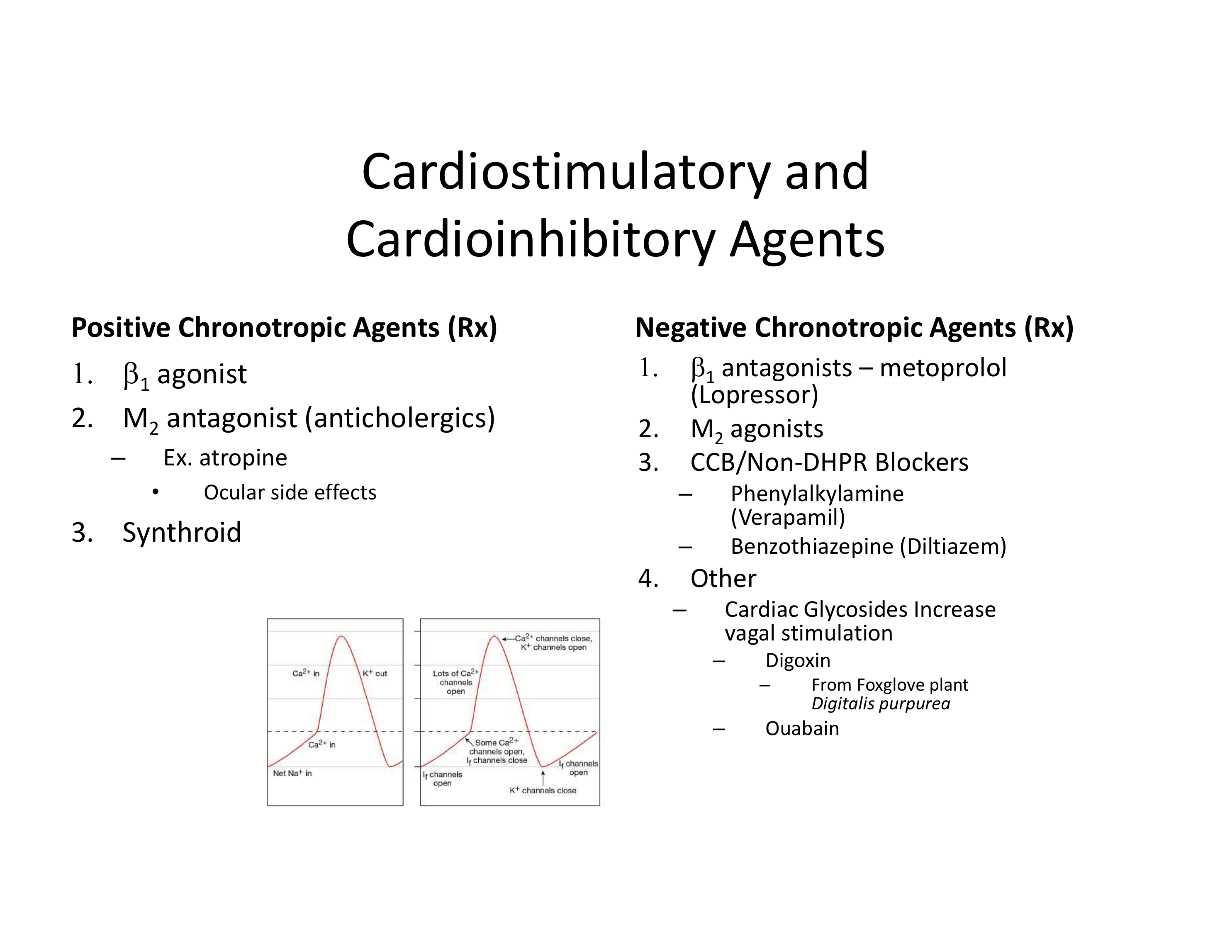 <ul><li><p>Positive Chronotropic Agents</p><ul><li><p>Beta1 agonists</p></li><li><p>M2 antagonists (anticholergics): Atropine (causes mydriatic iris) </p></li><li><p>Synthroid</p></li></ul></li><li><p>Negative Chronotropic Agents </p><ul><li><p><strong>Beta1 antagonists: metoprolol (Lopressor) </strong></p></li><li><p>M2 agonists</p></li><li><p>CCB/Non-DHPR Blockers: Phenylalkylamine (Verapamil) for cardiac specific; Benzothiazepine (Diltiazem) for cardiac and vascular</p></li><li><p>Other: Cardiac Glycosides to increase vagal stimulation: Digoxin and Ouabain</p></li></ul></li></ul><p></p>
