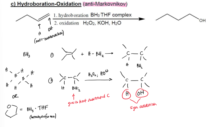 <ol><li><p>BH<sub>3</sub> + THF Complex (Borane, Tetrahydrofuran) </p></li><li><p>H<sub>2</sub>O<sub>2</sub> + KOH + H<sub>2</sub>O (Hydrogen Peroxide, Potassium Hydroxide, Water)</p></li></ol><p></p>