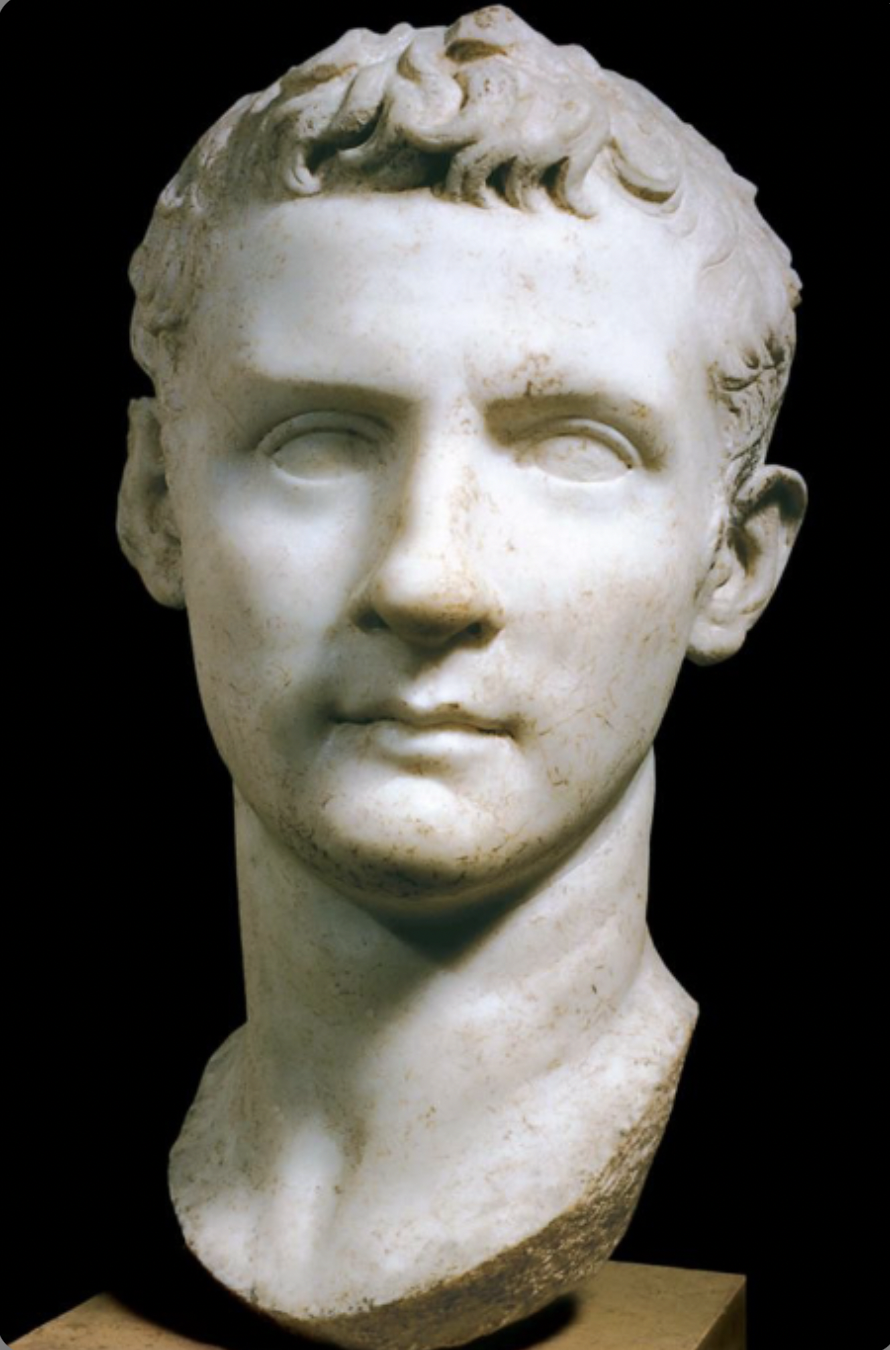 from Manino, made of marble. there aren't a lot of works made of Caligula bc he only ruled for 4 years. a little bit of Julio Claudian idealism, he was very young, cruel, depraved and mentally ill.  